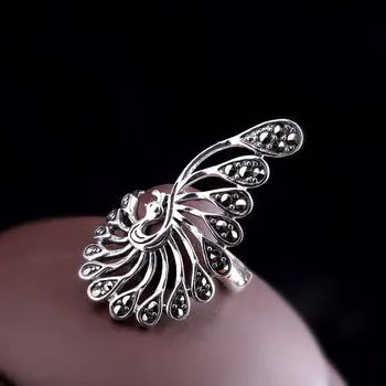 FNJ MARCASITE Peacock Ringe 925 Sølv Justerbar Størrelse Åbne Populære S925 Massivt Sølv Ring for Kvinder Fine Smykker Dyr