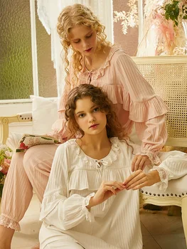 Foråret Efteråret Kvinders Bomuld Pyjamas Sæt Pink/Hvid langærmet Vintage Elegant Nattøj Sød Pyjamas