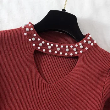 GCAROL Kvinder Hule Ud Beaded Sweater Slank Strækning tæt Til Kroppen Smarte Strik Bunden Øverste Daglige Grundlæggende Strik Pullover 7 Farve