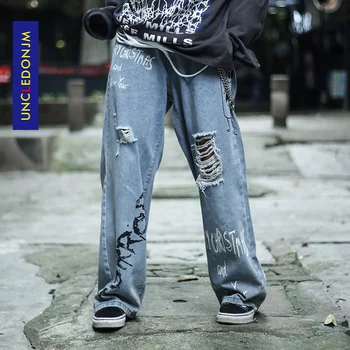 Graffiti Print Casual Baggy Beskadiget Denim Jeans Hiphop-Hipster Streetwear Bukser Mænd Ødelægge Punk Rock Bukser Mandlige ET-C026