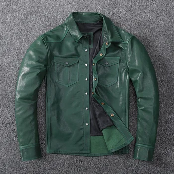 Gratis forsendelse,mode grøn garvning Fåreskind shirt.kvalitet ung slank ægte læder jakke.blød slim læder skjorte.