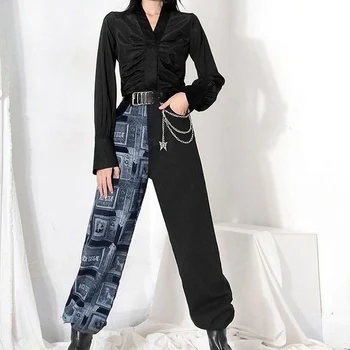 High Street Denim Bukser til Kvinder Nye Ankomst Høj Talje Bred Ben Bukser Kvinde Flot Print Loose Jeans Kvinder Casual Bukser