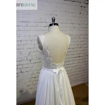 Hvid Chiffon Lace A-line Wedding Dress Domstol Tog Ærmer og Ryg-Fast/Originale Fotos Custom made