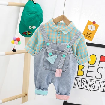 HYLKIDHUOSE Baby Drenge Tøj Sæt 2020 Efteråret Nyfødte Spædbarn Tøj Plaid Shirt Denim Overalls børn Børn Casual Tøj