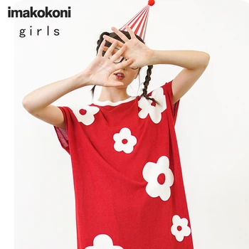 Imakokoni rød blomst sweater oprindelige design løs og tynd tynd kjole kvindelige sommeren 203034