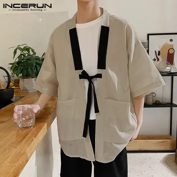 INCERUN 2021 Kinesisk Stil Mænd Shirt Kimono Bomuld Solid Harajuku Lommer Halv Ærme Toppe Streetwear Vintage Mænd Casual Skjorter
