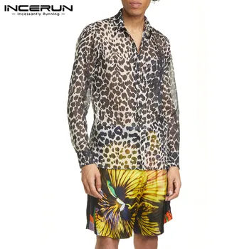 INCERUN Leopard Print Mænd Shirt i Transparent Revers 2021 Sexet Knappen Lange Ærmer Part Natklub Shirts Fashion Streetwear Camisas