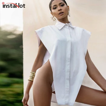 InstaHot Sexede Kvinder Shirt Uden Ærmer Sommer Tank Top 2020 Mode-Knappen, Uregelmæssig Bluse Casual Streetwear Solid Black Vest