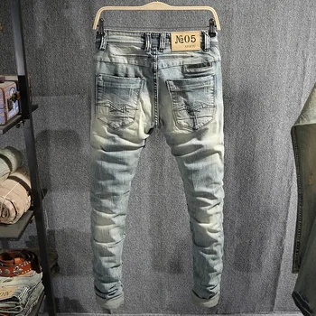 Italiensk Stil Og Mode Til Mænd, Jeans Retro Lyseblå Slim Fit Elastisk Ripped Jeans Mænd Stretch Cotton Bukser Streetwear Hip Hop Jeans