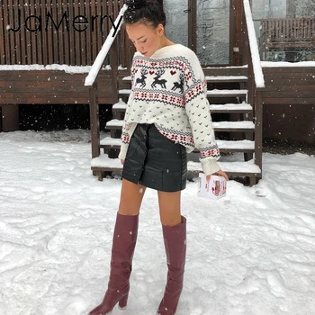 JaMerry Vintage glædelig jul trøjer kvinder med lange ærmer Efterår og vinter hjorte print strikket kvindelige pullover Smarte top jumper