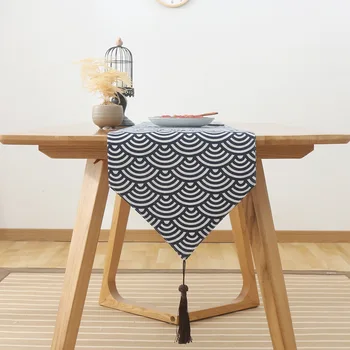Japan style bomuld og linned ukiyoe weave mønster bordløber ripple tabel flag te tabel skoskab dække med kvaster