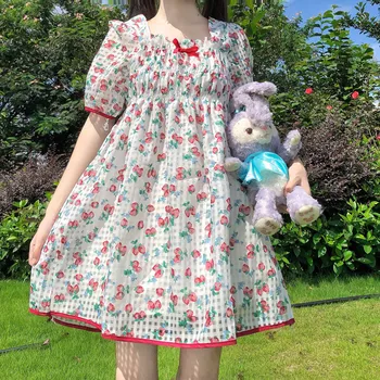 Japansk Mode Sød Kawaii Elegante Løs Blomster Trykt Dame Kjole 2020 Efteråret Firkantet Krave Puff Ærmer A-Linje Løs Kjoler