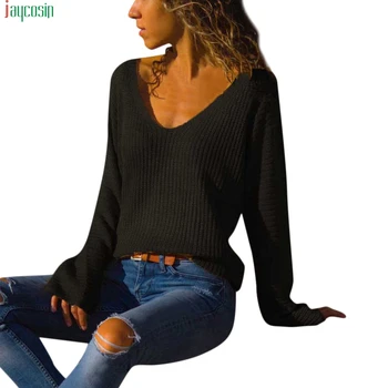 JAYCOSIN nye mode Trøjer Dame 2019 Afslappet langærmet Bluse med V Hals Solid farve Trøjer, Toppe kvindelige sweater strik Femme