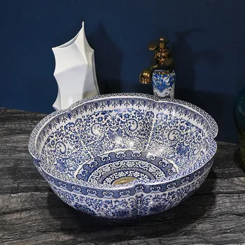 Jingdezhen fabrikken direkte kunst håndmalede keramiske vessel sink badeværelse håndvask blå og hvid blomst