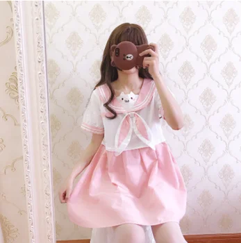Kawaii pige gothic lolita op loli cos Japansk studerende pink sweet lolita kjole navy krave patchwork løs victoriansk kjole