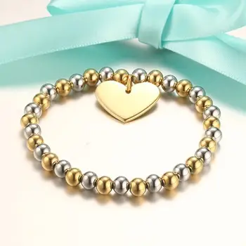Klassisk Kvinders Hjerte Armbånd i Rustfrit Stål med 6mm Perler, Guld, Sølv Farve