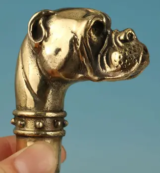 Kobber Messing KINESISK håndværk dekoration Kinesisk Gamle Bronze Håndskårne Hund Dyr hoved Statue Stok Stok Hoved
