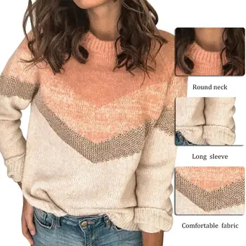 Kvinder Efterår Og Vinter Nye Solid Farve Syning Sweater Casual Skjorte Kontrast Farve Rund Hals Sweater Kvinder Trøjer