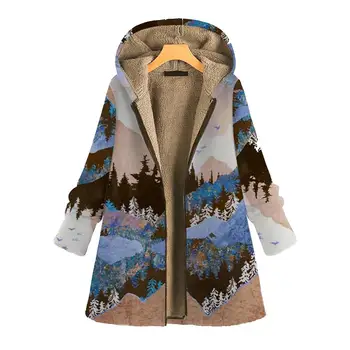 Kvinder Frakke Vinter Lynlås Hooded Coat Lomme Mountain Udskrive Lange Ærmer Plys Jakke