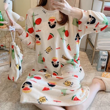 Kvinder Nightgowns Stribet Skjorte Trykt Casual Løs Sød Kawaii Ulzzang Koreansk Stil Smarte Vinter Tykkere Dame Sleepshirts