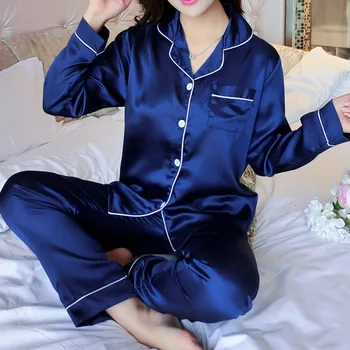 Kvinder Pyjamas Sæt Silke Satin Pijama -down Krave Nattøj Lange Ærmer Foråret Nattøj Femme 2 Stykker Homewear Sæt