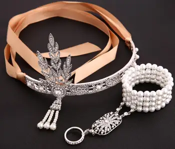 Kvinder ' s Great Gatsby Pandebånd perle Ring Set Medaljon Flapper Fancy Fest Kostume Tilbehør Bryllup Brude Tiara Medaljon