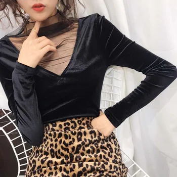 Kvinder Sexy V Hals T Shirt Med Mesh Syning Langærmet T-Shirt Koreansk Stil, Mode Solid Top