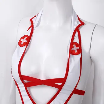Kvinder Sygeplejerske Uniform Heldragt, Dyb V Hals Undertøj Sæt Ryg-Lace-up-Trikot Bodysuit med Hovedbøjle til rollespil Bryllupsrejse