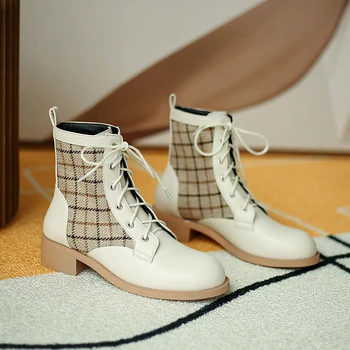 Kvinders sko efterår Vinter Ankle støvler snøre Britisk stil, stor tyk bund Plaid Læder Støvler retro korte støvler AB942