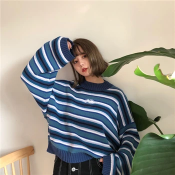 Kvinders Trøjer Dame Søde Kawaii College Stil Løs Stribet Sweater Kvinder Vintage Harajuku Ulzzang Jumper For Kvinder Casual