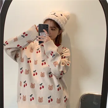 Kvinders Trøjer Japansk Kawaii Ulzzang Vintage Løs Bære Cherry Sweater Kvindelige koreanske Harajuku Søde Tøj Til Kvinder
