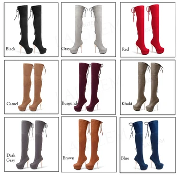 LAIGZEM MODE 2020 Kvinder Over knæhøje Platform Støvler i Imiteret Ruskind, Varme Elastisk Vinter Zip Sko Høje Hæle Støvler Stor Størrelse 43