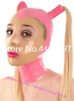Latex Cosplay Maske Med To Parykker Åbne øjne, mund, næse Pink med Gennemsigtig Farve Fetish Gummi Krog Tilpasset XS-XXL