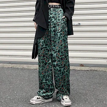 Leopard print wide-ben bukser kvinder, høj talje mopning drapere følelse 2020 efteråret drapere efteråret tynde bukser personlighed streetwear