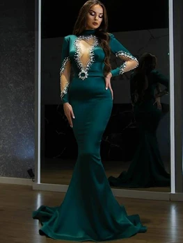 LORIE arabisk Kjole til Aften i 2021 Høj Hals Beaded Lange Ærmer Havfrue Prom Kjole Grøn Dubai Party Satin Kjoler suknie wieczorowe