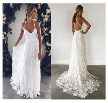 Lorie Halterneck Lace Wedding Dress 2019 Elegant En Linje Backless-Gulvtæppe Længde Hvid Satin Chiffon Blonder Med Sashe Brudekjolen