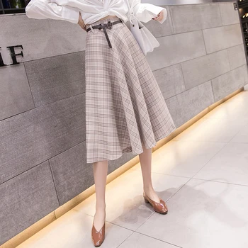 Lucyever Vintage Foråret Kvinder Lang Nederdel Plaid En Linje, Høj Talje Koreanske Bælte Dame Mid-Kalv Nederdel Elegante Faldas Mujer Moda 2019