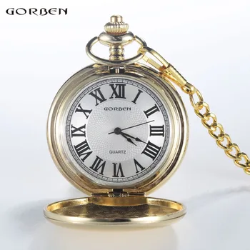 Luksus Guld Glat Design Pocket Watch Mænd Retro Roman Nummer Ringe til Steampunk Herre Dame Quartz lommeur Med FOB Kæde Gave