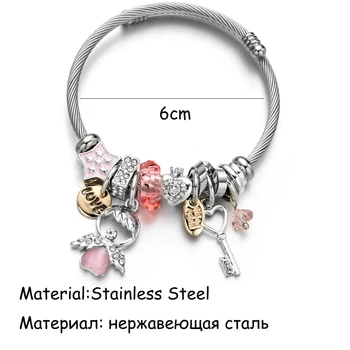 Mode Crystal Heart Charms Rustfrit Stål Armbånd, Armringe Sølv Farve Stjernede Nøgle Vedhæng Armbånd Smykker til Kvinder