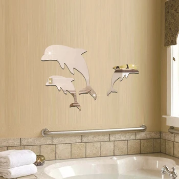 Moderne 3pcs/indstil Dolphin-Spejl Klistermærker Akryl 3D Wall Stickers Decal Badekar Baggrund Badeværelse Klistermærker Stue Home Decor