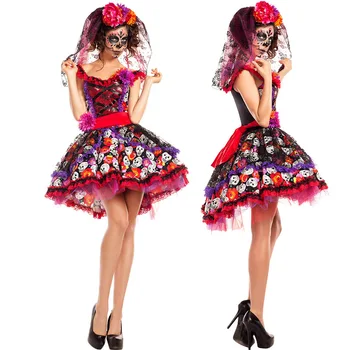 Morden Halloween Fest Purim Kostume Kvinde Voksen Skræmmende Monster Demon Kraniet Skelet Kostumer Kort Tutu Kjole Kjoler til Kvinder