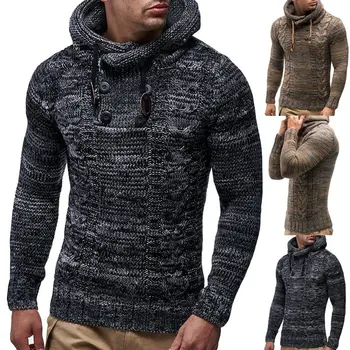 Mænds Hooded Sweater Nye Ankomst 2020 Efteråret Mænd Mode Matchende Farve Hamp Dobbelt Række Knappen Op og Hue Strikket Sweater