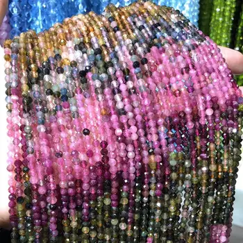 Natursten 3mm Rainbow turmalin Facetteret Perle Løse Perler til smykkefremstilling Halskæde DIY Armbånd Tilbehør