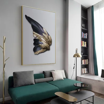 Nordisk Indretning Fjer Lærred Maleri Hvid Plakat og Print Unik, Moderne Golden Wings Væg Kunst til stuen Soveværelse Midtergangen