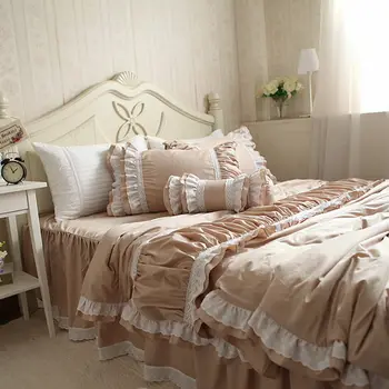 Ny broderi flæsekanter blonder bedding set luksus prinsesse sengetøj i satin bor bomuld dynebetræk elegante sengetæppe vintage bedsheet