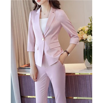 Ny Mode Ren farve, to-delt sæt kvinder bukser passer til office damer 7 point ærme slank blazer og bukser leisure suit