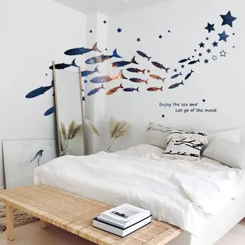 Ny romantisk stjernehimmel ocean fisk silhuet vind baby room decoration wall stickers til børn værelser vægoverføringsbilleder