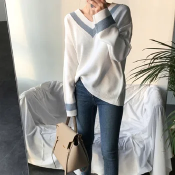 Nye 2019 Efterår og Vinter Kvinders Sweater Sort Hvid Pullover koreansk Stil Minimalistisk Casual V-Hals Kontor Dame Outwear Sweater