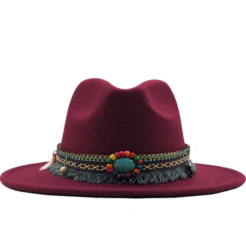 Nye Mænd Kvinder Wide Brim Uld Filt Fedora Panama Hat med Bælte Spænde Jazz Trilby Cap Part Formelle Top Hat I Pink,sort