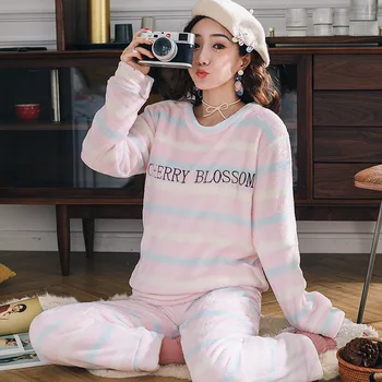 Nye Vinter Flannel Varme Pyjamas 2stk Hjem Passer til Kawaii Pyjamas Sæt Mode Kvindelige Pijama Mujer Hjem Tøj, Pyjamas Kvinder Nattøj
